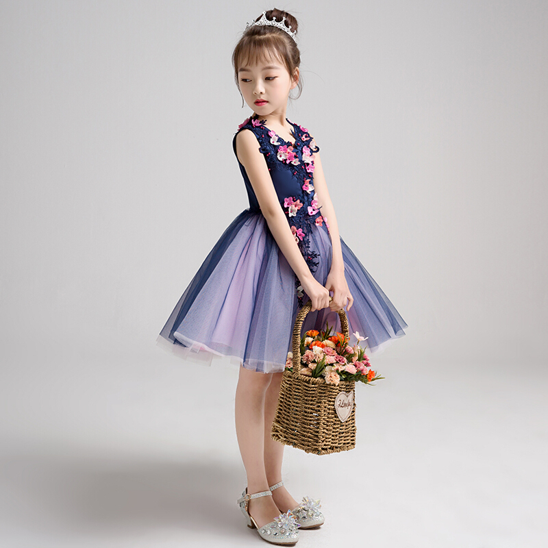 儿童公主裙走秀礼服女童小主持人模特演出服花童婚纱女宝宝蓬蓬裙藏青