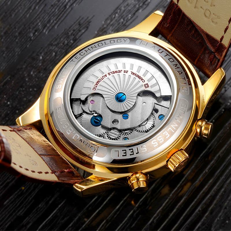 嘉年华CARNIVAL手表新款男士全自动机械表 男表皮带时尚镂空防水飞轮腕表星期月份日历多功能显示复古金属精钢表8670图片