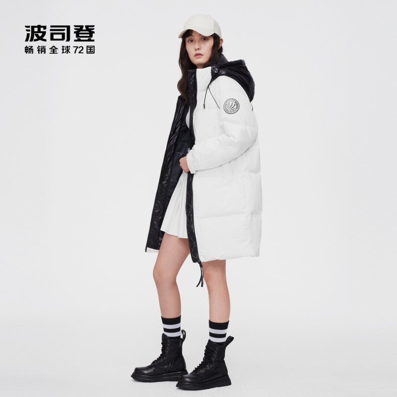 波司登冬季拼接时尚宽松小廓形防风保暖连帽羽绒服白10143332
