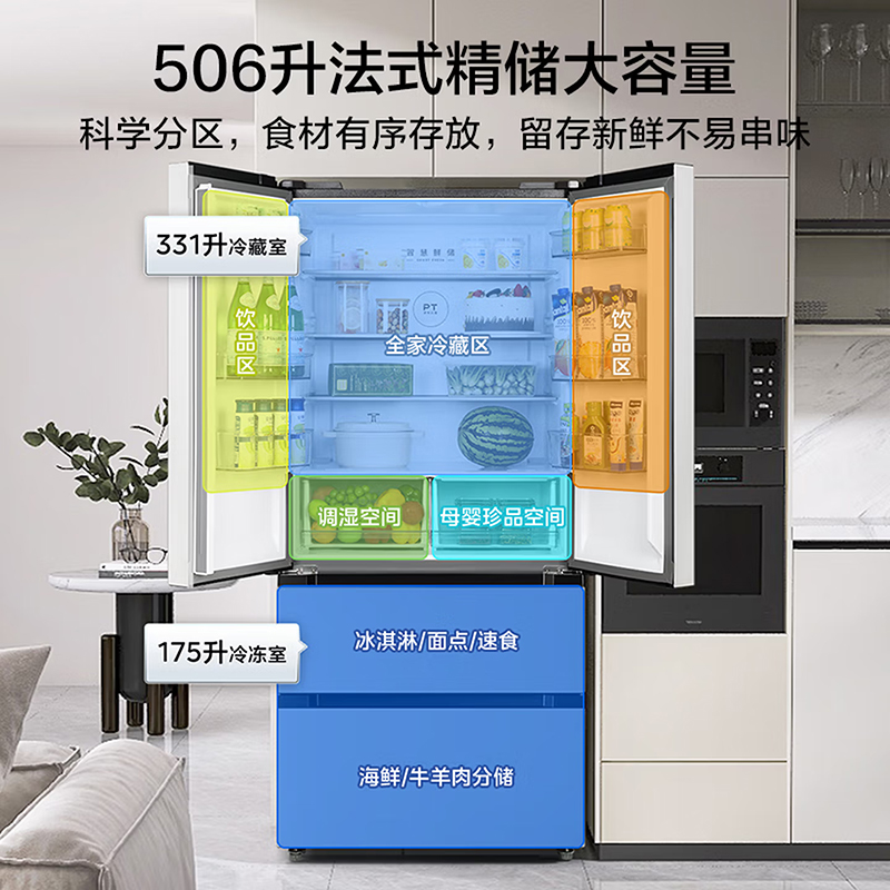 美的(Midea)506L法式四开门冰箱双系统双循环一级能效风冷无霜变频大容量MR-532WFPZE谷雨灰高清大图