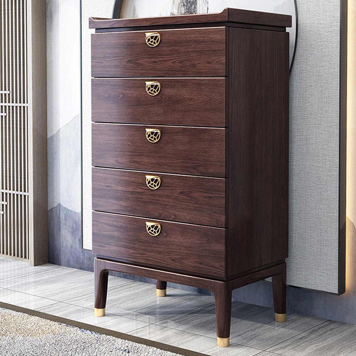 采百木caibaimu新中式实木五斗柜大容量储物红橡木高脚柜子客厅玄关