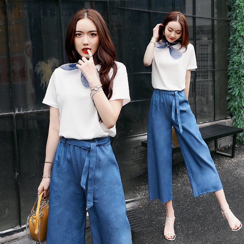 时尚两件套小心机丝巾上衣女士新品港风矮个子阔腿裤套装女夏款潮