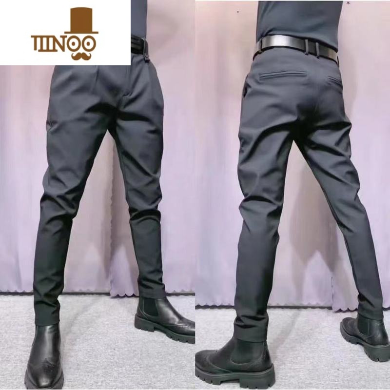 YANXU秋季百搭黑色长裤修身扎腰带散脚休闲裤韩版潮流小脚裤男直筒西裤高清大图