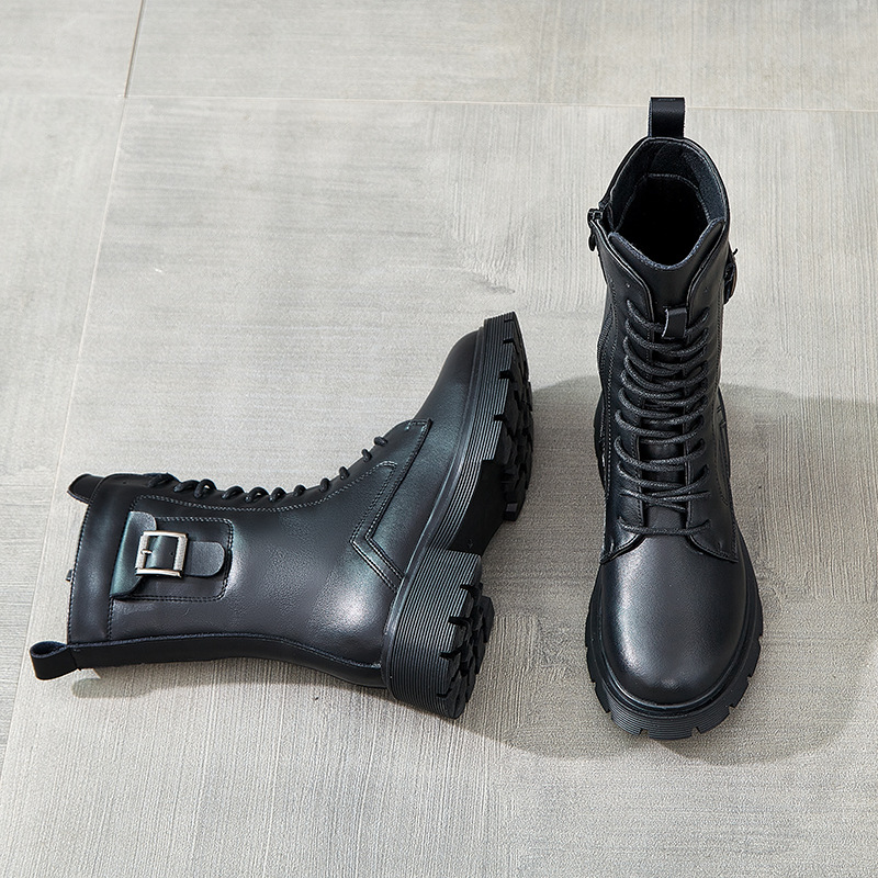 秋冬季加绒厚底真皮牛皮马丁靴女韩版系带女靴子休闲女学生鞋子 女高清大图