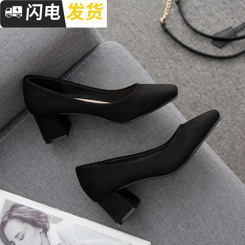 方头单鞋小清新少女高跟鞋粗跟仙女的鞋晚晚鞋中跟复古黑色工作鞋启如休闲鞋