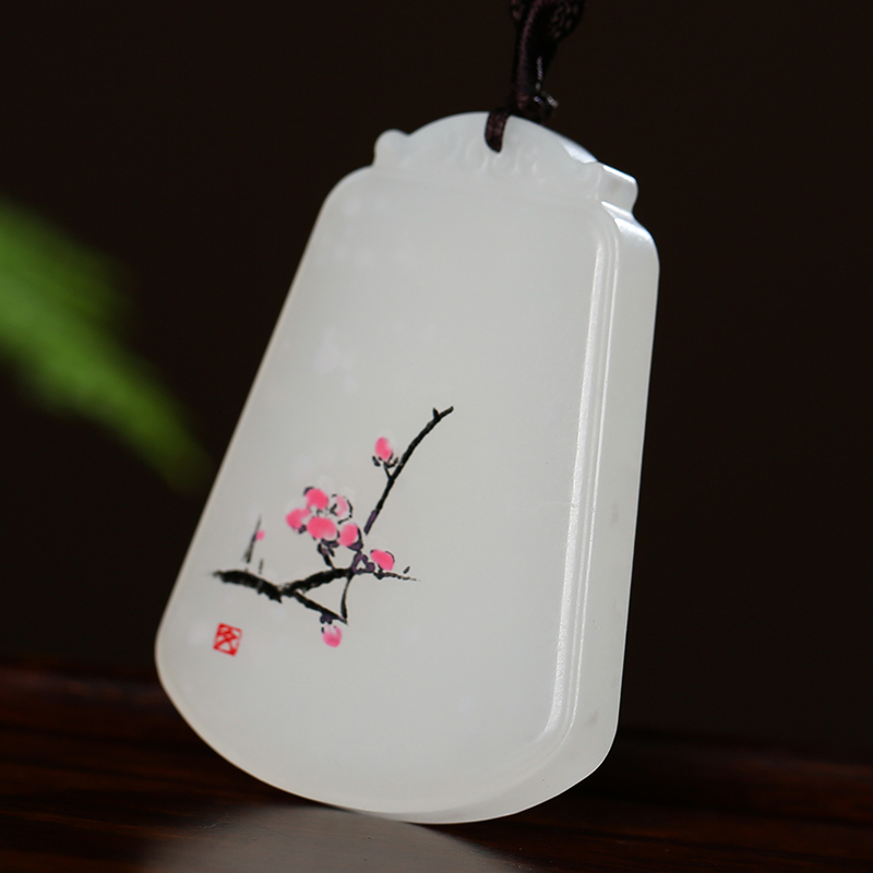 印象眸[玉雕大师陈朋旭工作室作品]和田玉意境线雕白玉吊坠寒梅傲雪