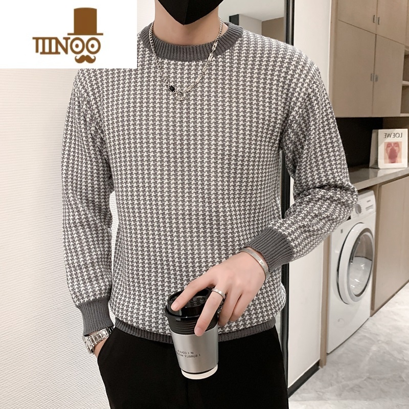 YANXU2023新款圆领加厚套头针织衫男百搭格子毛衣修身打底长袖0 XL 灰色