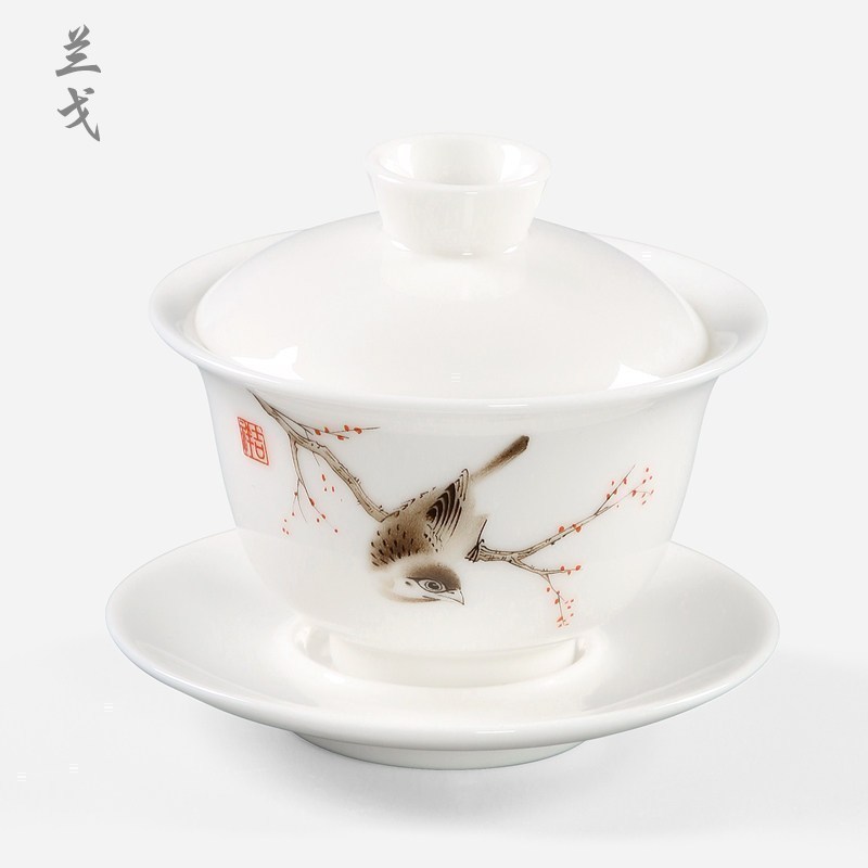美帮汇德化白瓷三才盖碗茶杯大号功夫茶具套装家用陶瓷配件敬茶碗主人杯高清大图