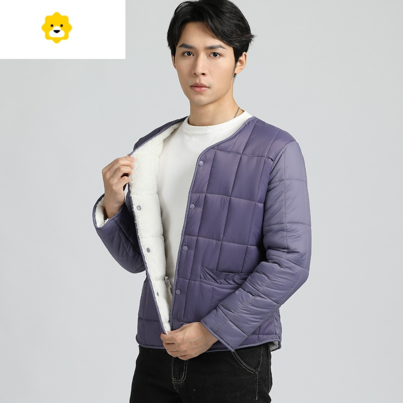 fishbasket棉衣男加绒加厚短款轻薄小棉袄内穿羊羔绒打底防寒服p暖