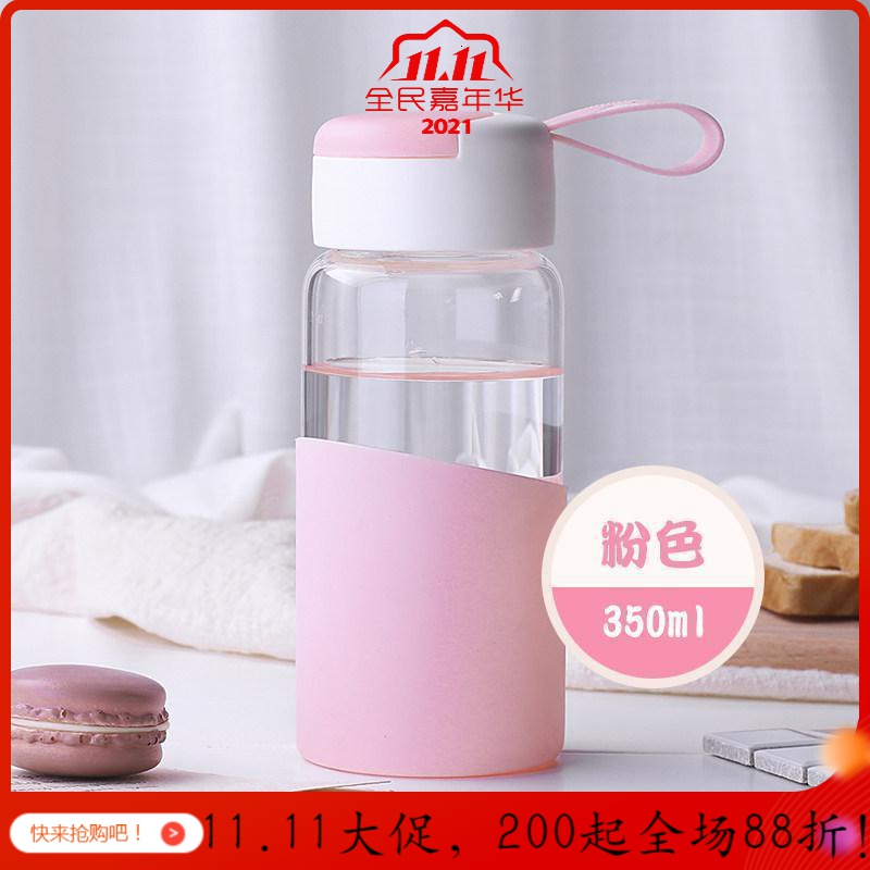 创意潮流玻璃杯女学生便携韩版简约清新水杯夏季随手杯子 粉色350ML+杯刷高清大图