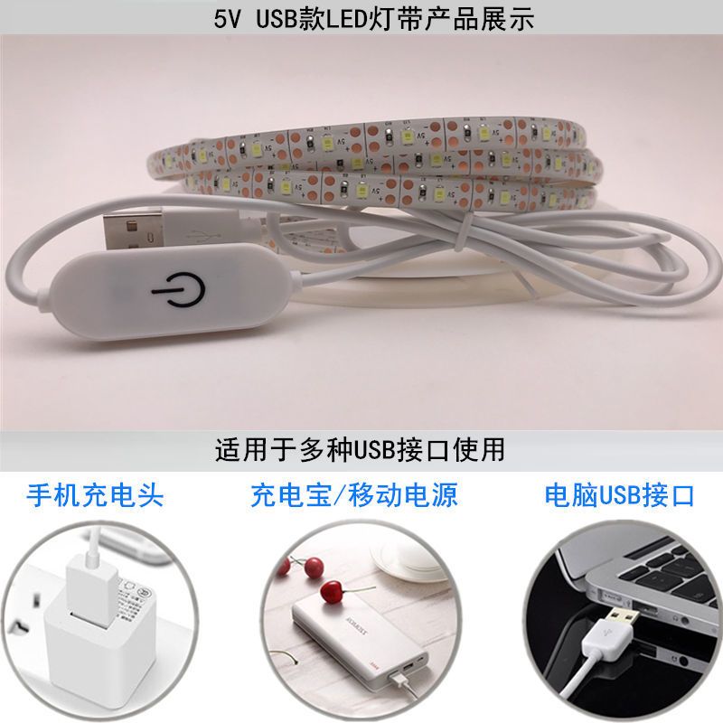 led灯带5V夜市摆地摊宿舍防水usb充电宝低压服装柜台氛围模型灯条 白光 裸板不防水 USB无开关 0.5米