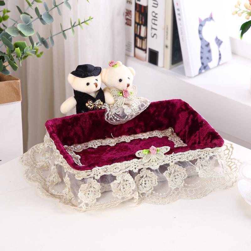 家柏饰(CORATED)布艺欧式化妆品收纳盒桌面茶几手机遥控器收纳篮藤编收纳筐 酒红双熊长方形小号