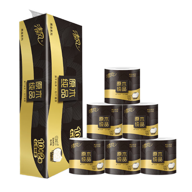清风 黑金卷筒卫生纸B21C1HJ1 4层110克*12卷/提高清大图