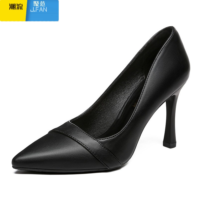 聚范意尓康礼仪高跟鞋细跟单鞋女尖头面试工作鞋正装黑色中跟皮鞋高清大图