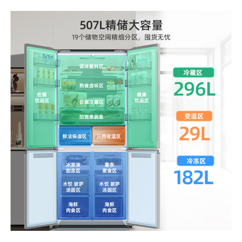 美菱(MELNG) BCD-507WP9BTZX 十字对开门 507升 1级能效 钢化玻璃面板 双循环净味变频冰箱高清大图