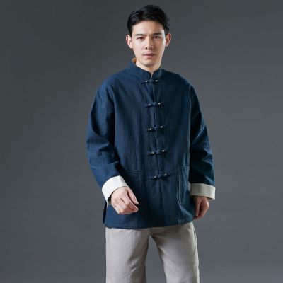 举翼王子新款春季复古中国风盘扣唐装宽松休闲上衣挽袖上衣 蓝色 XL