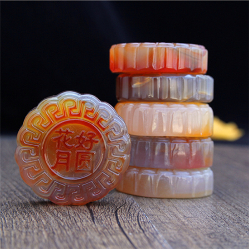 玉髓玉月饼摆件圆环把件玛瑙玉石饰品 带证书送女朋友七夕情人节礼物