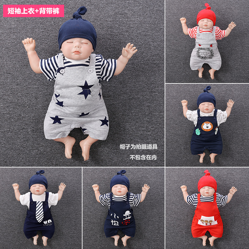 依尔婴婴儿衣服夏季短袖纯棉套装男小童洋气宝宝外出服婴幼儿背带裤套装WCF463-1