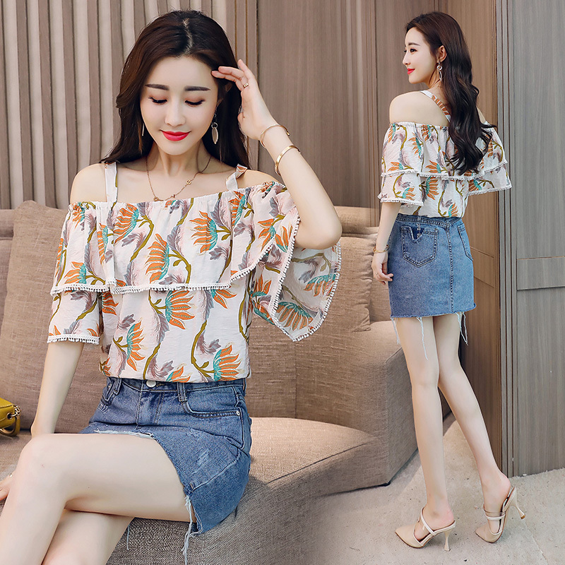 女士夏款新品套装女带露肩雪纺上衣修身包臀牛仔短裙时尚两件套