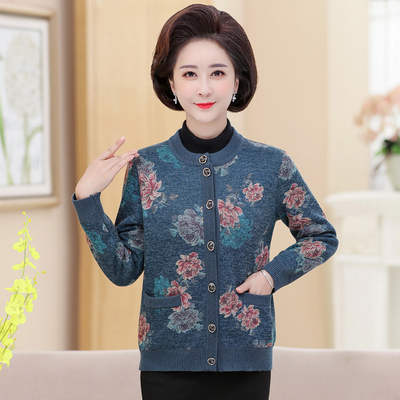 品牌送礼妈妈装羊绒衫女中老年奶奶宽松加大码毛衣本命年老太太开衫女羊绒开衫女印花毛衣女中老年人保暖羊毛衫加绒外套高清大图