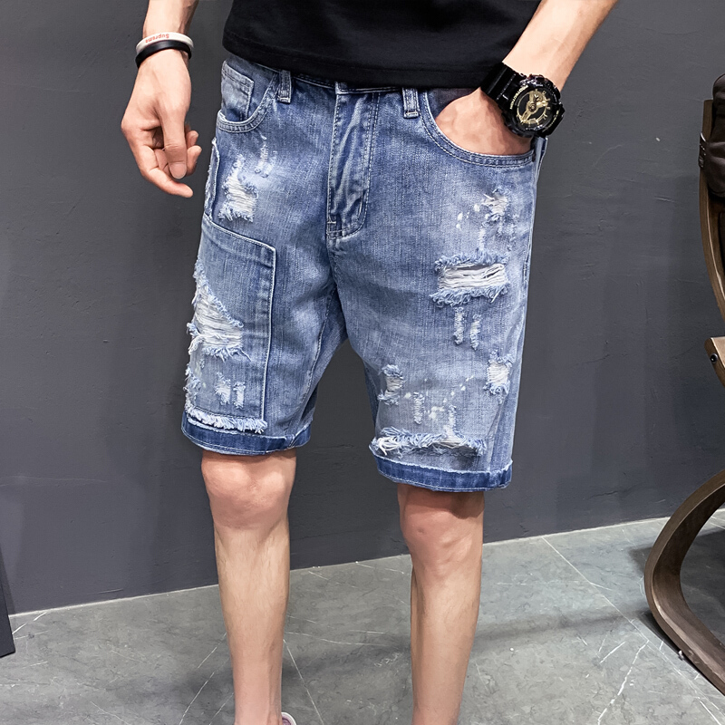 梵克公牛夏季破洞牛仔男潮常规休闲裤男士中裤时尚5分蓝色