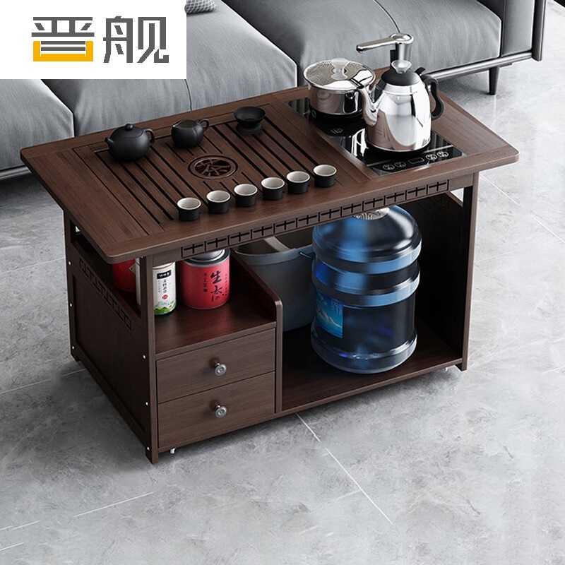 晋舰 移动茶台家用阳台竹木小茶桌烧水壶一体简约现代功夫茶几 全自动+黑陶茶具高清大图