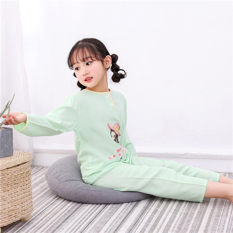 2019新款春秋印花长袖童装家居服套装儿童竹节棉小孩棉绸卡通睡衣