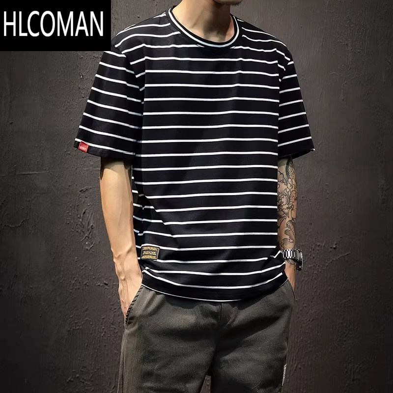HLCOMAN日系条纹短袖T恤男款潮牌2025新款大码衣服夏季宽松男士半袖体恤