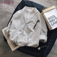 chic港风ins男士条纹七分袖衬衫7分袖短袖衬衣小清新夏季潮林弯弯白色七分袖