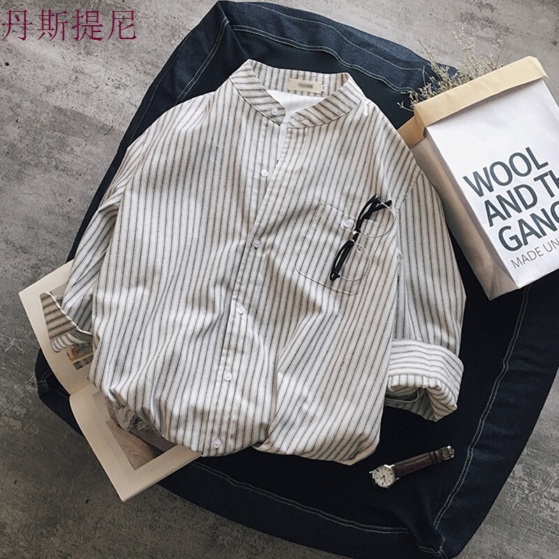 chic港风ins男士条纹七分袖衬衫7分袖短袖衬衣小清新夏季潮林弯弯白色七分袖