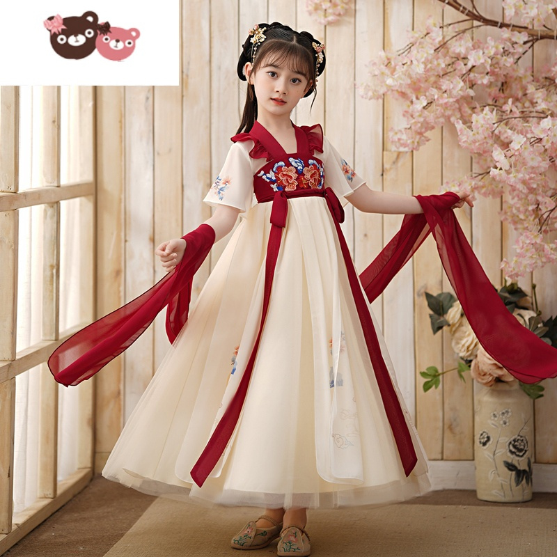 绿彩虹光古风汉服女童夏季薄款儿童女夏古装超仙女孩中国风齐胸襦裙