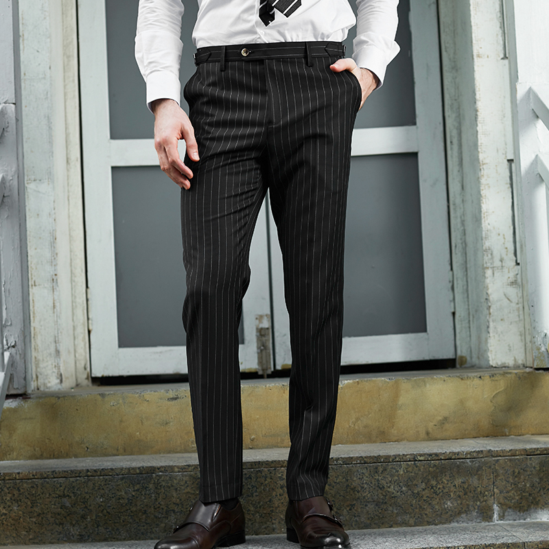 上东奢媛春秋英伦风休闲毛料黑色条纹修身直筒西裤男70羊毛