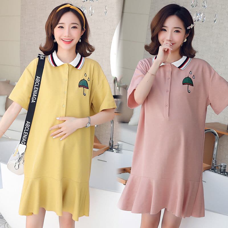 迪鲁奥(DILUAO)!中长款POLO领T恤女短袖夏装孕妇装ins洋气鱼尾裙可哺乳上衣图片