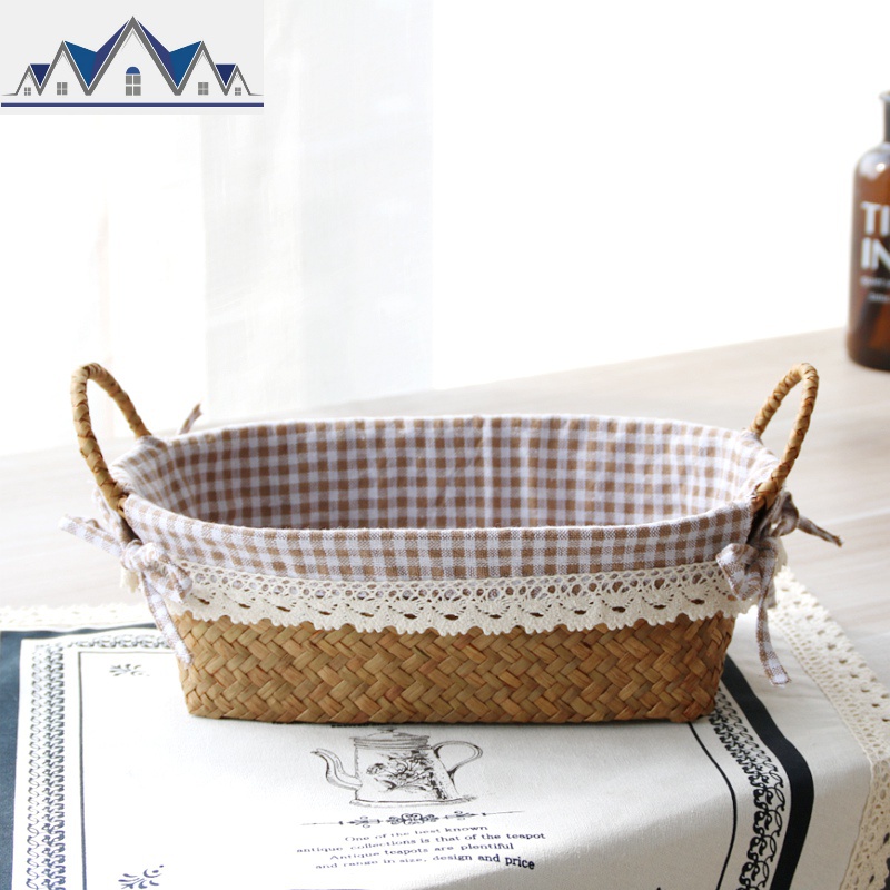收纳筐客厅桌面海编织藤编竹编收纳篮田园布艺零食化妆品收纳盒 三维工匠 奶茶色里布款（大号）