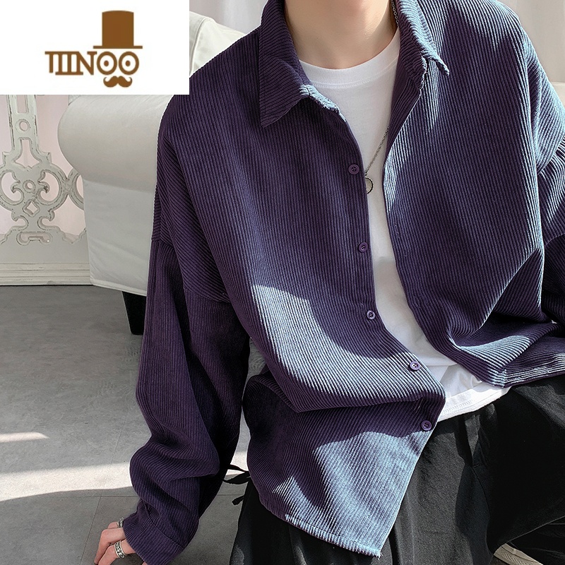 YANXU秋季潮牌长袖衬衫男设计感小众灯芯绒宽松寸衫韩版港风in潮绒AX高清大图