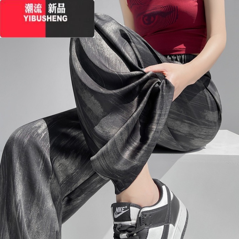 YIBUSHENG醋酸缎面冰丝休闲裤女季薄款复古扎染阔腿裤150cm小个子九分裤高清大图