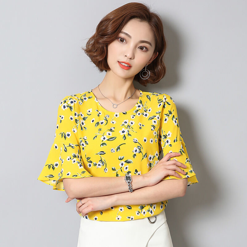 雪纺衫女短袖2018春夏韩版宽松小碎花印花中袖喇叭袖半袖小衫