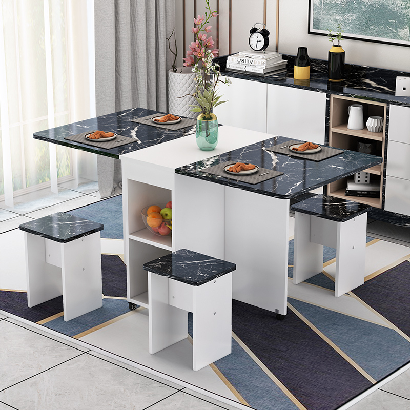 艺可恩现代简约长方形折叠餐桌椅组合移动小户型家用多功能餐桌大理石