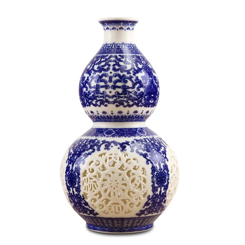 景德镇陶瓷器 高档青花釉中彩镂空石榴花瓶 现代家居装饰品摆设