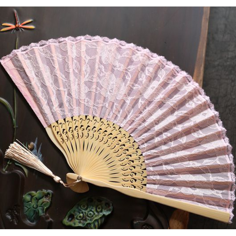限今天超精致精美双层蕾丝扇 日式折扇 竹柄折扇 扇子 女扇 三维工匠 淡粉色高清大图