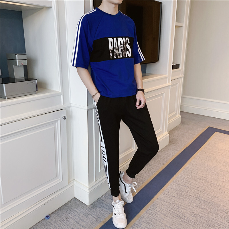 梵克公牛五分袖t恤男士夏季休闲运动套装流网红帅气一套衣服男装