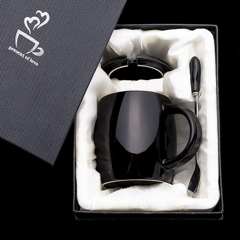 创意复古咖啡杯简约情侣陶瓷杯带盖勺大容量马克杯办公室喝水杯子