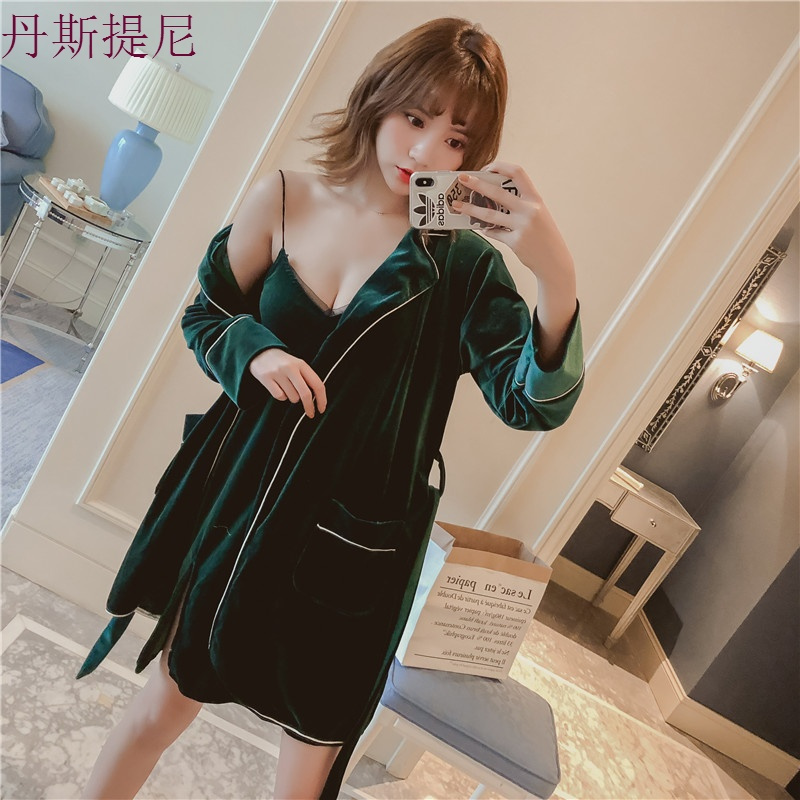 韩版性感带睡裙睡袍两件套开叉短裙金丝绒情睡衣家居服女秋冬