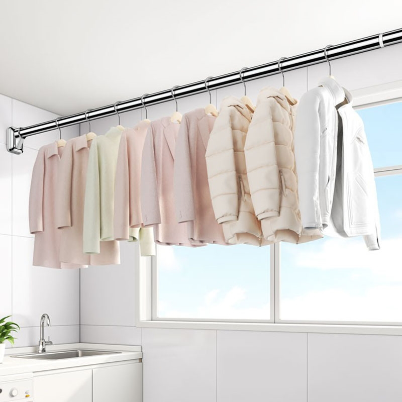 古达免打孔伸缩晾衣杆阳台衣架家用飘窗挂衣晒衣收纳架不锈钢单杆