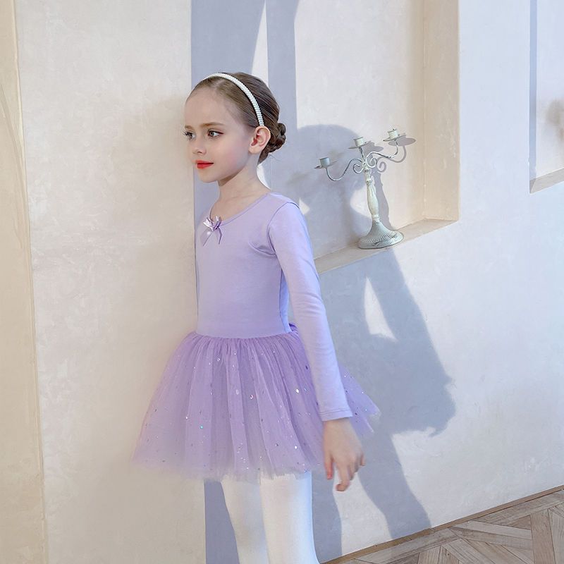 儿童舞蹈服秋季长袖女童练功服冬季紫色亮片纱裙幼儿芭蕾舞裙考级