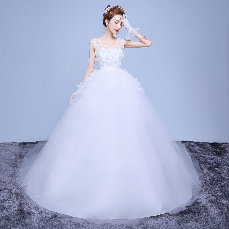 婚纱礼服新款2018时尚结婚V领双肩齐地孕妇韩式婚纱长拖尾大码春