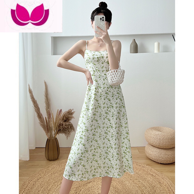 七斓碎花雪纺吊带连衣裙女夏季2023新款法式小个子开衫套装裙子夏 绿色吊带裙 M95-105斤