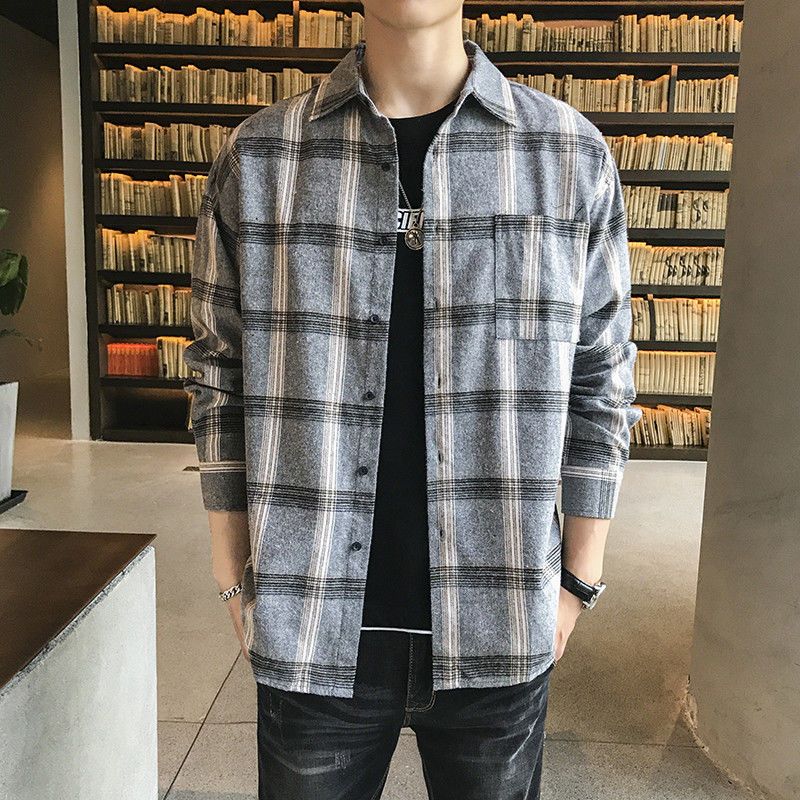 格子衬衫男长袖港风复古ins韩版宽松格子衬衣学院风磨毛外套 灰色-510 L建议体重120-140斤
