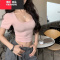YIBUSHENG美式辣妹性感低U领短袖t恤女季修身显瘦小衫高腰露肚脐短款上衣