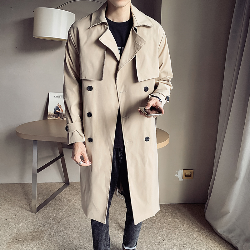 newlake风衣男中长款秋冬英伦外套青年卡其色披风过膝双排扣大衣潮牌
